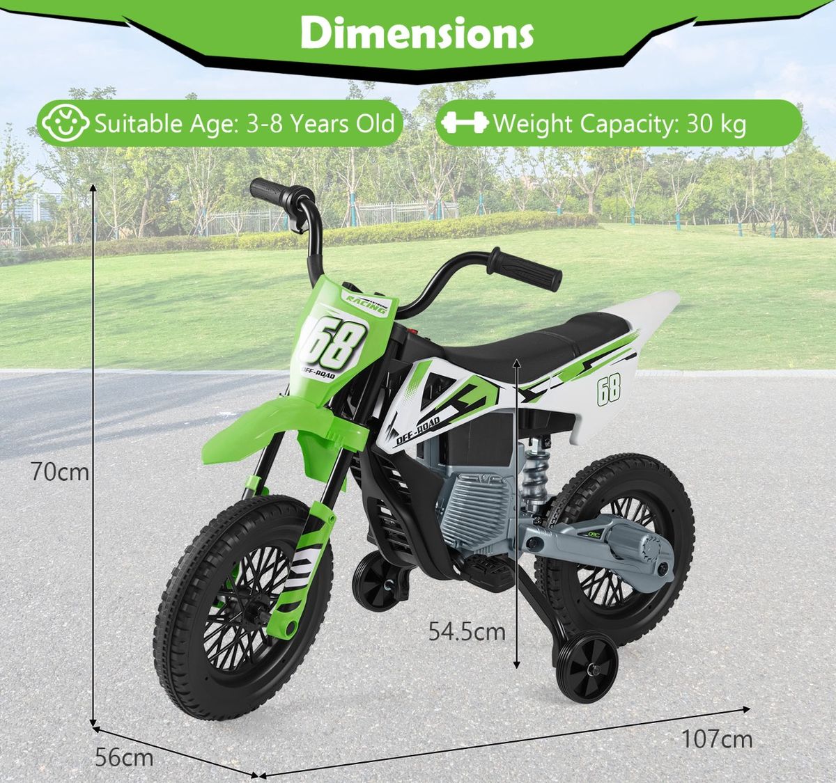 Coast Elektrisches Kindermotorrad – Musik und Bluetooth – abnehmbare Stützräder – grün