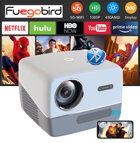Fuegobird A6 Beamer - 1080P Full HD - Smart Home Projektor - Unterstützung 4K - Android TV 9.0 - 450 ANSI - Streaming mit IOS & Android - Autofokus und 4D Keystone - 2GB RAM+32GB ROM - WiFi6 - 2.4G/5G WiFi - BT5.0 - Netflix/Prime Video/Youtube - Grau