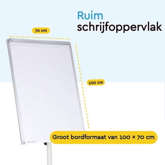 BRASQ Flipover Mobile - 70x100 cm - Verstellbares Whiteboard - Inklusive 25 Blatt Papier, 4 Marker, 8 Magnete, Radiergummi - Flipover mit Büroklammer und Haken - Magnetische Tafel - Magnetische Tafel - Weiß