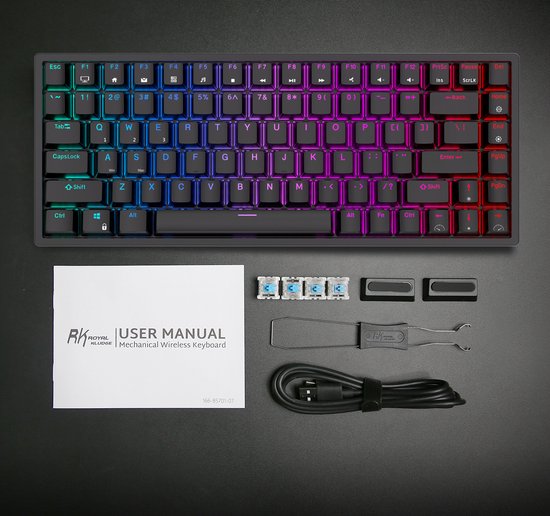 RK84 Gaming-Tastatur Weiß - RGB-Beleuchtung - Hot-Swap-fähig - Tri-Mode - Ergonomische mechanische Gaming-Tastatur mit Wireless-Verbindung - Qwerty - 80% mit Multimedia-Tasten - braune Schalter