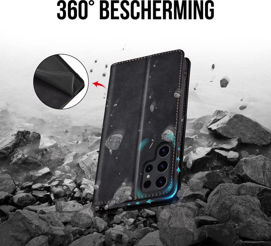 Podec Case mit Kartenhalter geeignet für Samsung Galaxy S23 Ultra Black Phone Case - Anti-Shock Bookcase Cover mit 1x Displayschutzfolie