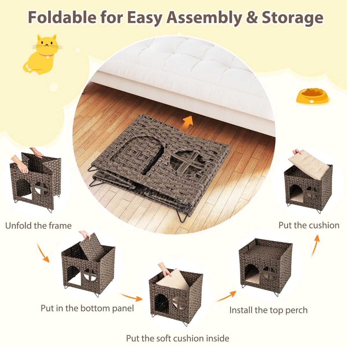 Coast Katzenhaus aus PE-Rattan - faltbar - 2 Ebenen - abnehmbares Kissen - 50,5 x 45 x 50 cm