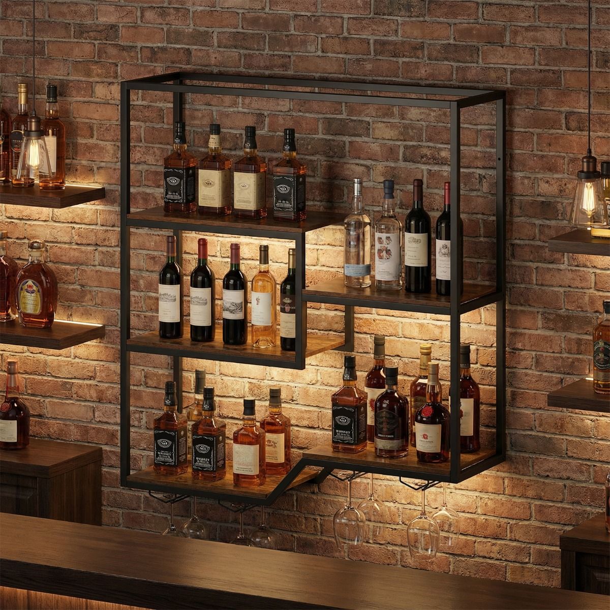 Coast Weinregal zur Wandmontage – 6 Ebenen – Flaschen- und Glashalter – braun und schwarz