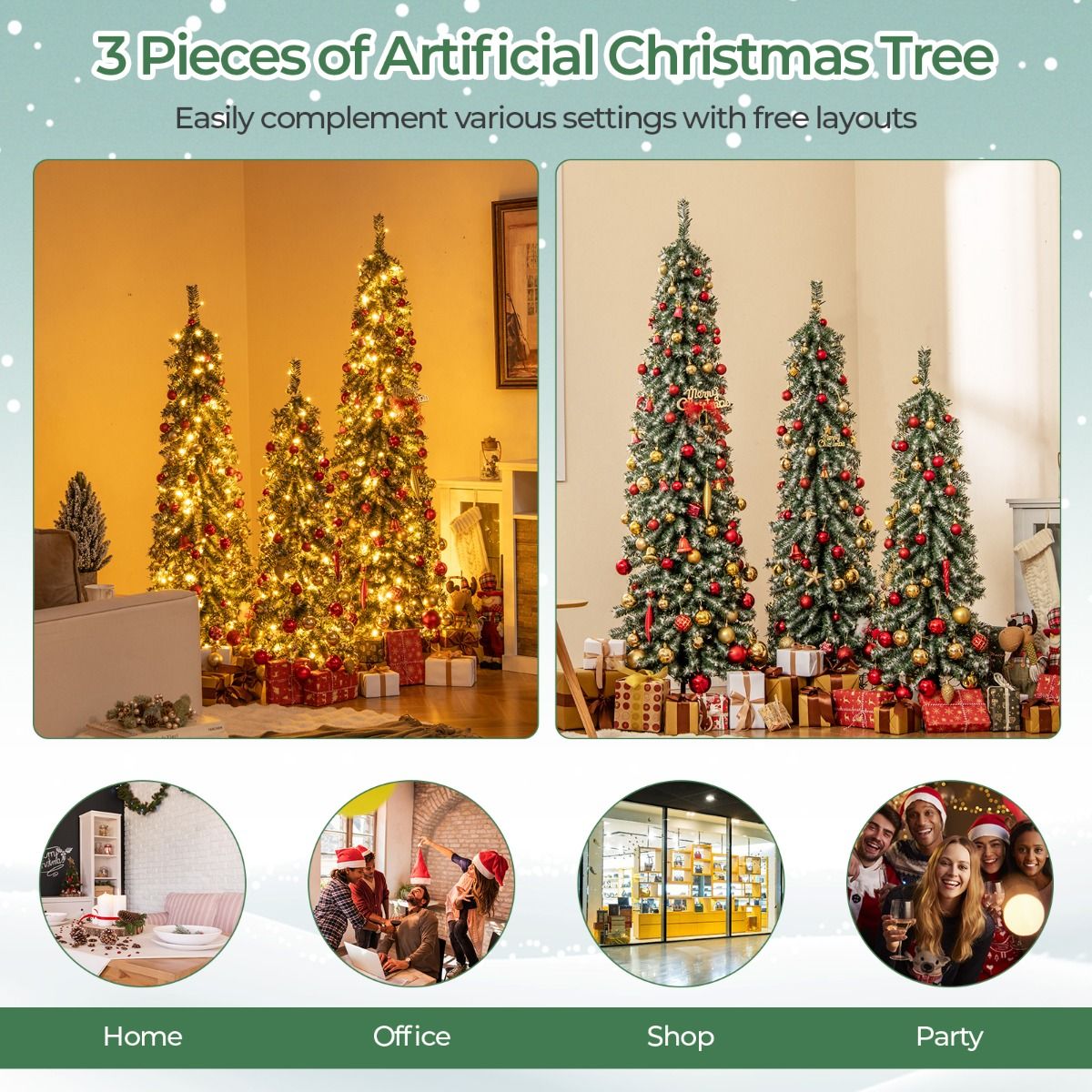 Coast Kunstweihnachtsbäume-Set – Bleistiftform – mit Kunstschnee und LED-Beleuchtung – 120/150/180 cm