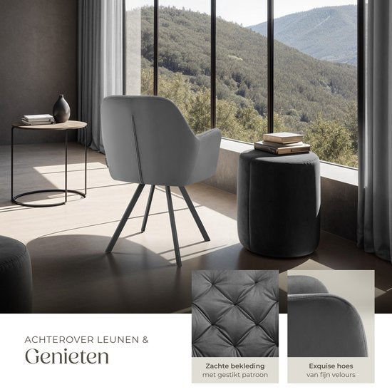 tectake - Drehstuhl in Samtoptik - Esszimmerstuhl mit Armlehnen - Ergonomischer Sitz und Rückenlehne - 180-Grad-Drehung - Moderner Stuhl mit Stahlbeinen - Verschiedene Farben - Anthrazit