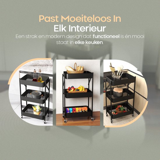 O'DADDY® Küchenwagen zusammenklappbar - 3 Lagen - Servierwagen auf Rädern - Küchenwagen - Rollbarer Tisch - Aufbewahrungswagen - Aufbewahrungswagen - Küchenregal - Schwarz