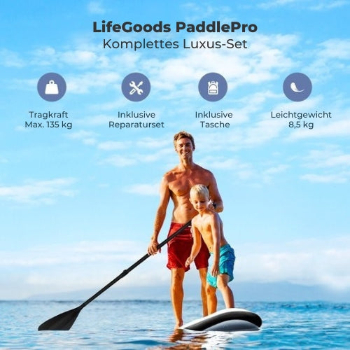 LifeGoods SUP Board - Deluxe Set - Mit Sitz - Aufblasbares Paddle Board - Max. 135KG - 320x81cm - Weiß