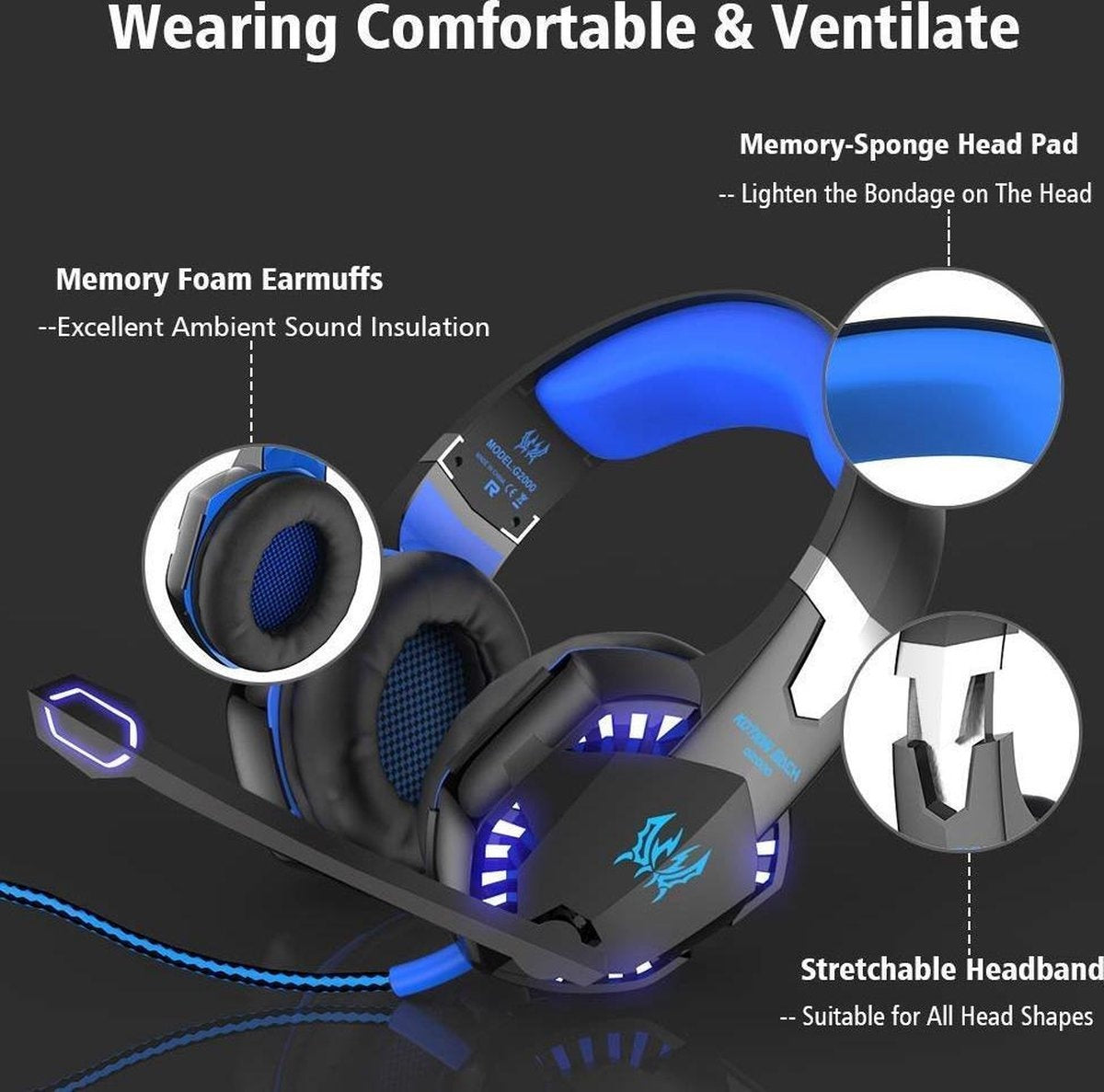 KOTION EACH G2000 Gaming Headset - Schwarz/Blau - Geeignet für PS5, Xbox Series X, Windows & Switch