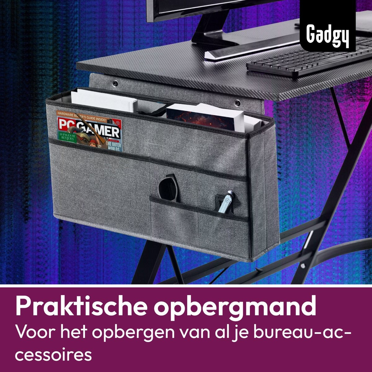 Gadgy Game Desk Carbon PRO - Gaming-Eckschreibtisch 130 CM breit - Gaming-Schreibtisch mit Carbon-Details - Gaming-Schreibtisch L-Form mit Kopfhörerhalter, Bildschirmerhöhung & Ablagekorb - Level Up with Gadgy - Black Carbon