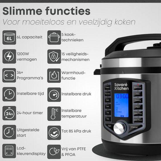 Savoré Kitchen Schnellkochtopf - 6L - PFAS frei - Reiskocher, Slow Cooker, Dampfgarer & Sous-Vide - Multikocher