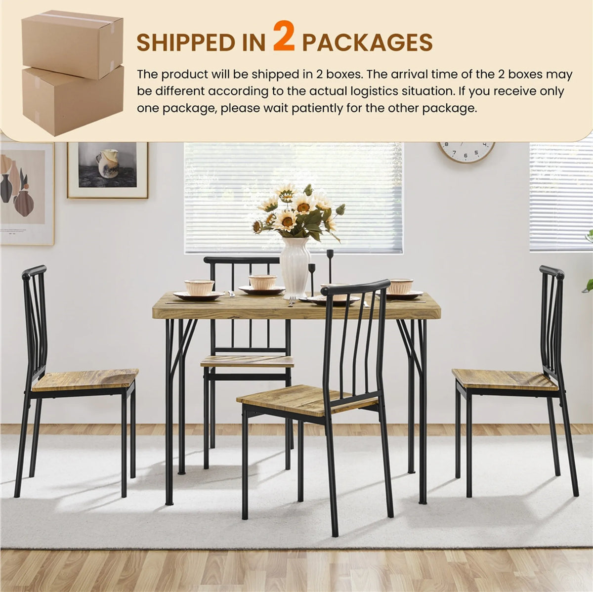 Yaheetech 5-teiliges Esszimmer-Set für 4 Personen – Tisch mit 4 Stühlen – 110 x 70 x 76,5 cm – Braun