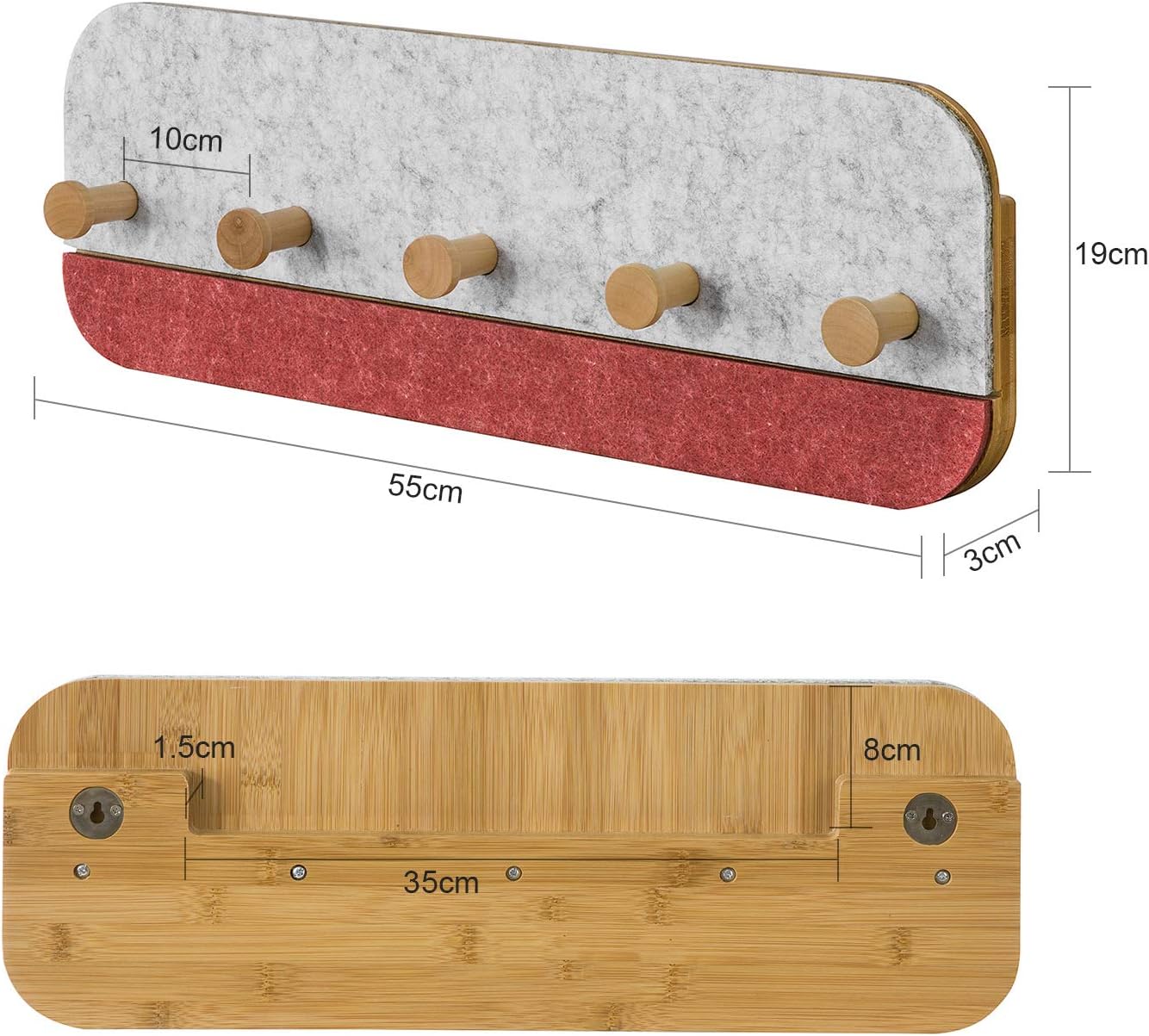 SoBuy FHK16-R Wandgarderobe – 5 Haken – Bambus & Filz – 55 x 3 x 19 cm – Rot
