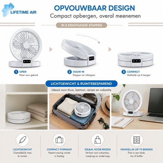 Lifetime Air Tischventilator, wiederaufladbar – Mini-USB-Ventilator, 1200 mAh – 5 Geschwindigkeitsstufen und LED-Anzeige – 21 x 20,5 x 23 cm – Weiß