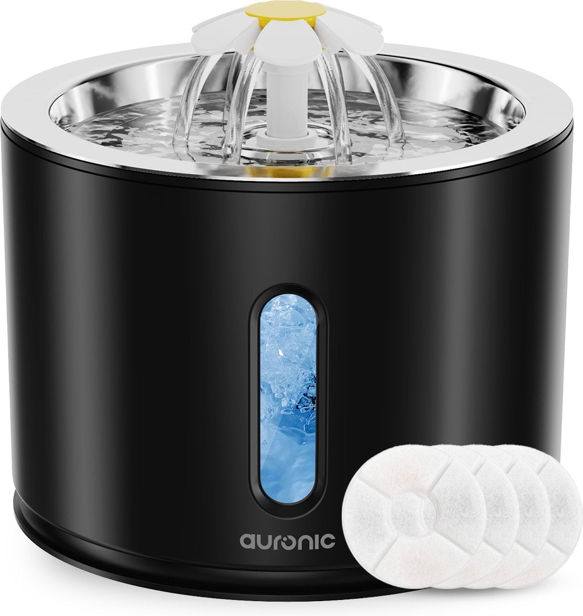 Auronic Trinkbrunnen - Wasserbrunnen für Katzen und Hunde - 2.4L - Tiertränke - Inkl. 3 Filter und 2 Bürsten - Schwarz