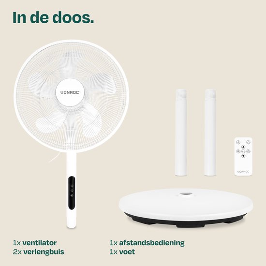 VONROC Standventilator – Ø 45,5 cm – 4 Geschwindigkeitsstufen & Schlafmodus – Timer – in 3 Höhen verstellbar – inkl. Fernbedienung – weiß
