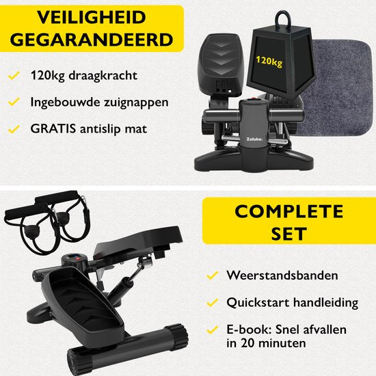 Zoluko Stepper mit Display - Inklusive Widerstandsbänder, Anti-Rutsch-Matte und E-Book - Stepper Fitness - Fitness Step - Mini Stepper - Step Fitness - Aerobic Step - Step - Stepper Fitness Gerät - Heimtrainer - Schwarz