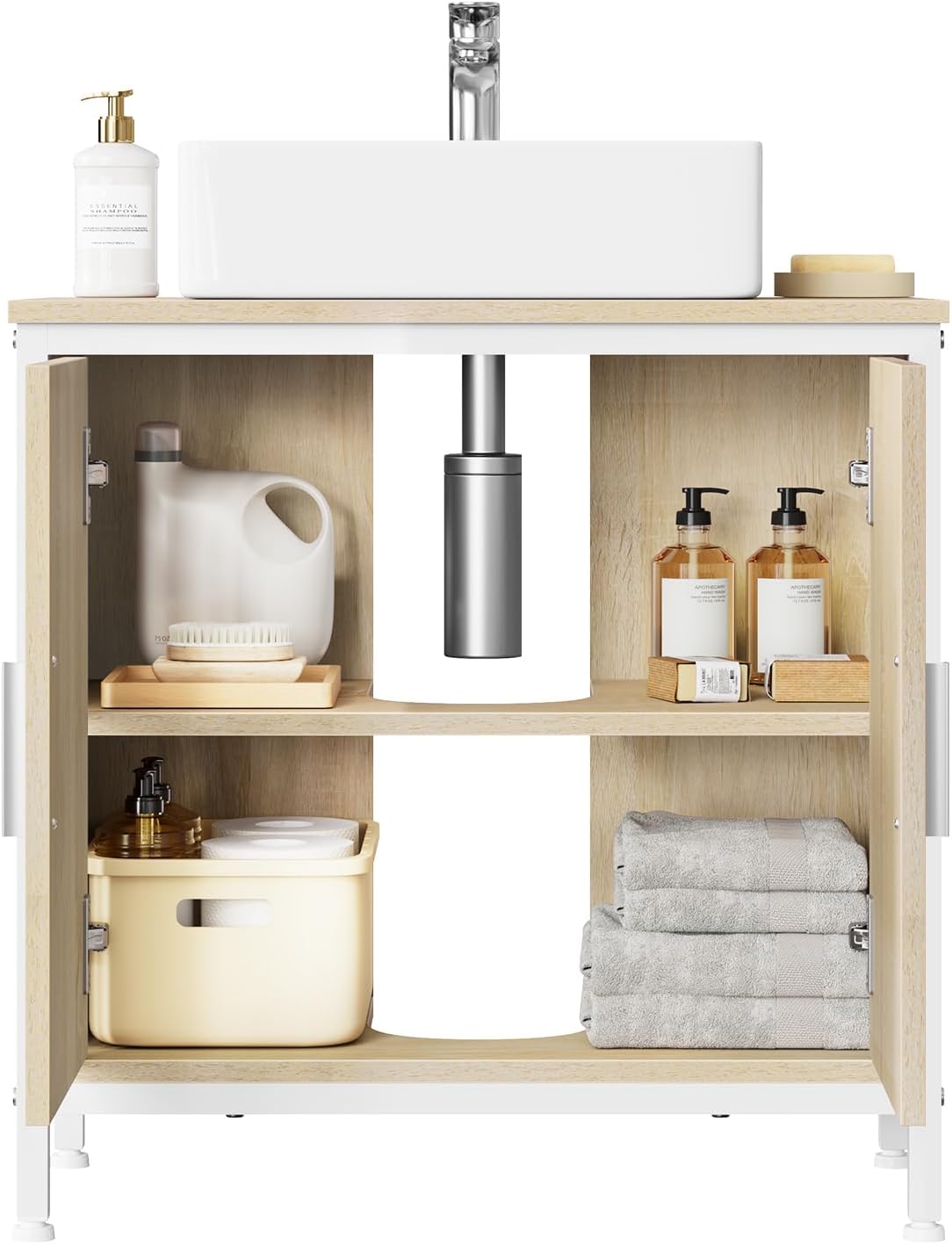 EUGAD Waschtischunterschrank – 60 x 60 x 30 cm – weiß und helle Eiche – mit verstellbarer Trennwand