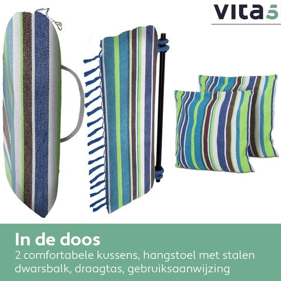 Vita5 XXL Hängesessel - Innen und Außen - Inkl. 2 Kissen - Buchfach - Erwachsene - Kinder - Maximale Belastbarkeit 150kg - Blau/Grün/Weiß