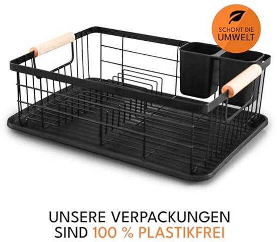 JOHSEATY Geschirrständer mit Holzgriff - 42 x 32 cm, rostfrei mit Besteckhalter, Geschirrständer, Geschirrständer, Küchengeschirrständer, Geschirrständer