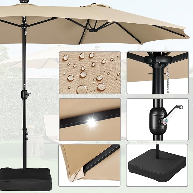 Yaheetech Doppel-Sonnenschirm 15FT mit Solar-LED-Beleuchtung und Fuß – Beige – Extra großer Gartenschirm mit Sandsäcken