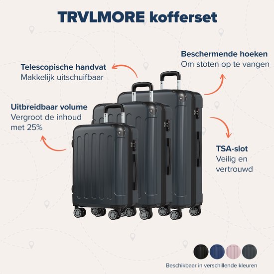 TRVLMORE - Kofferset - 3 Stück - 45L Handgepäck + 75L und 115L geräumiges Gepäck - TSA Schloss - Leichtgewicht - Reisekofferset - Dunkelgrau