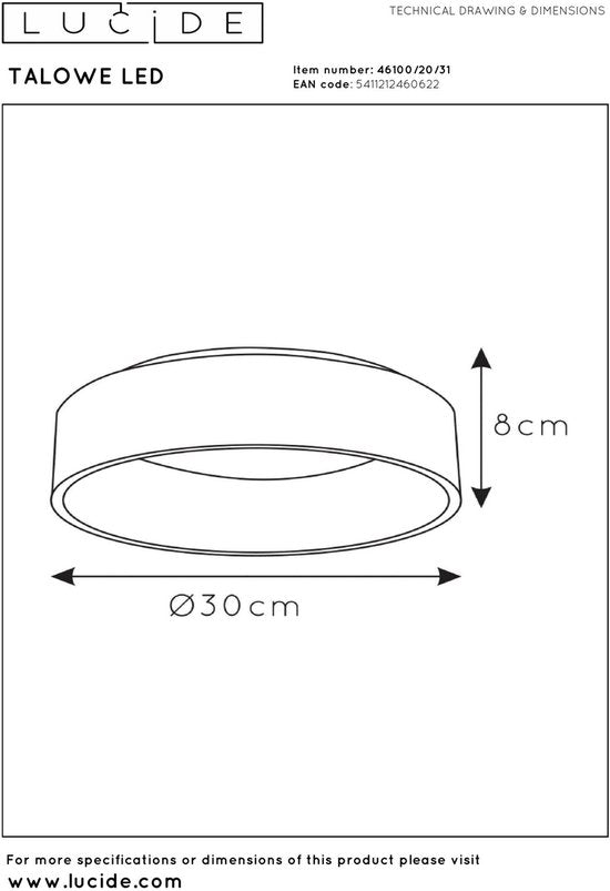 Lucide TALOWE LED – Deckenleuchte – Ø 30 cm – dimmbare LED – 1x20 W, 3000 K – Weiß