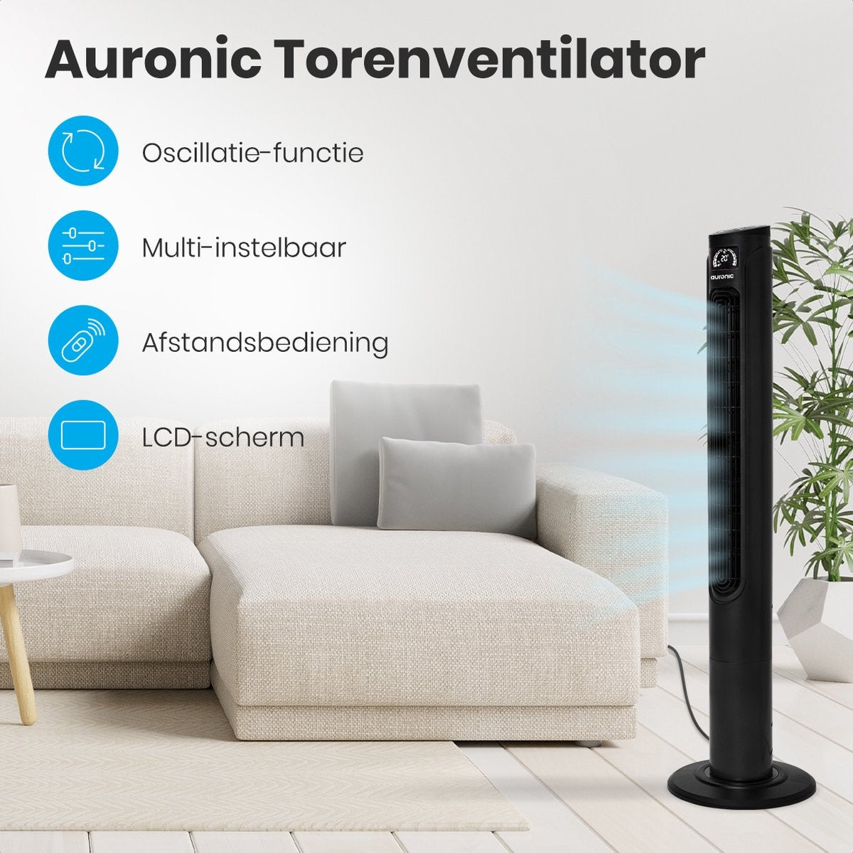 Auronic Tower Fan - Standventilator mit Fernbedienung - Timer - 55W - 45dB - 118cm - Schwarz