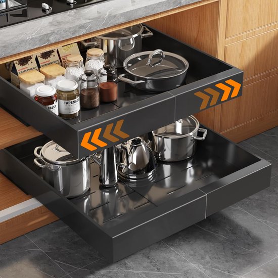 Posity Slide Drawer - Kitchen Cabinet Organizer - Sink Cabinet/Drawer Organizer - inside drawer kitchen - Extendable and Adjustable (32-52 cm) - Telescopic - Black