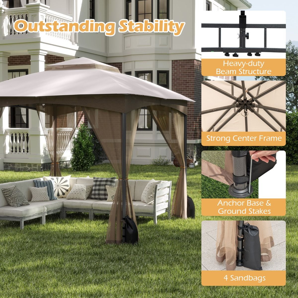 Coast Gartenpavillon – Doppeldach – Moskitonetz und Sandsäcke – Khaki 3 x 3 m