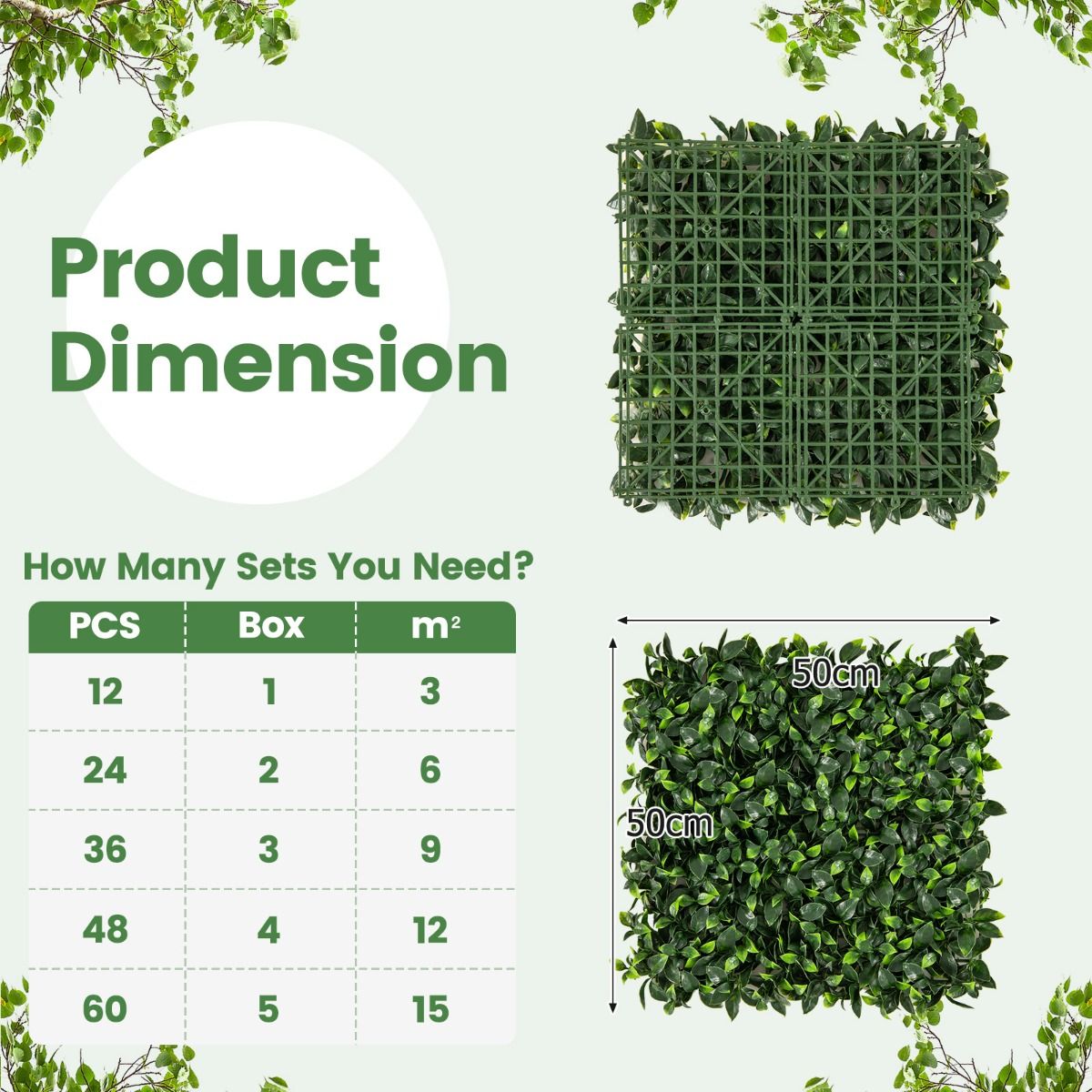 Coast Artificial Grass Wall Panels 12 Stück 50 x 50 cm Grün - Imitation Gardenia Topiary für Privatsphäre und Dekoration