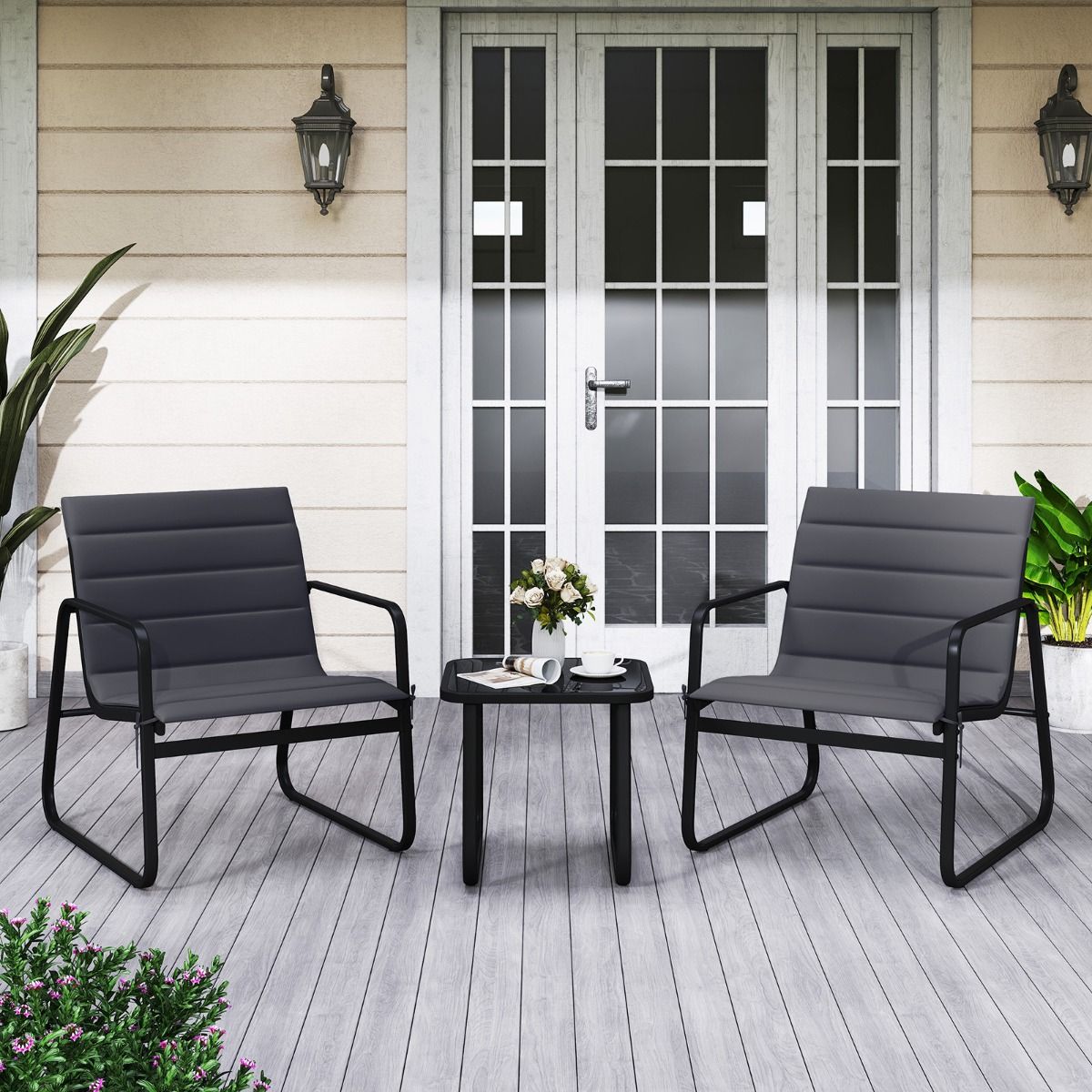 Coast 3-teiliges Gartenset – Gartenstühle mit abnehmbaren Kissen – Beistelltisch mit gehärtetem Glas – grau und schwarz