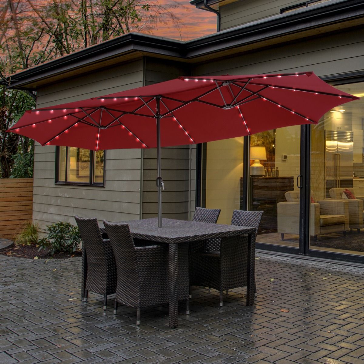 Coast Doppel-Sonnenschirm – 48 solarbetriebene LED-Leuchten – Handkurbel – weinrot 470 x 280 cm