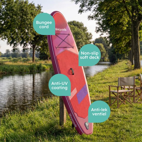 LifeGoods SUP Board All-round Compact - 100 KG Belastbarkeit - 300 x 76 cm - Aufblasbar - Komplettes SUP Paket - Rot/Lila