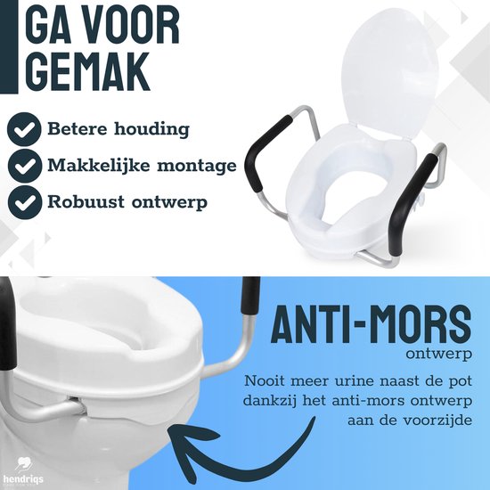 Hendriqs® WC-Sitzerhöhung 10 cm mit Armlehnen & Deckel – Toilettensitzerhöhung mit Armlehnen – Erhöhter Toilettensitz – Sitzverhöher für Erwachsene und Senioren – Höhenverstellbarer Toilettenstuhl – WC-Sitzverhöher – Toilettensitzverhöher