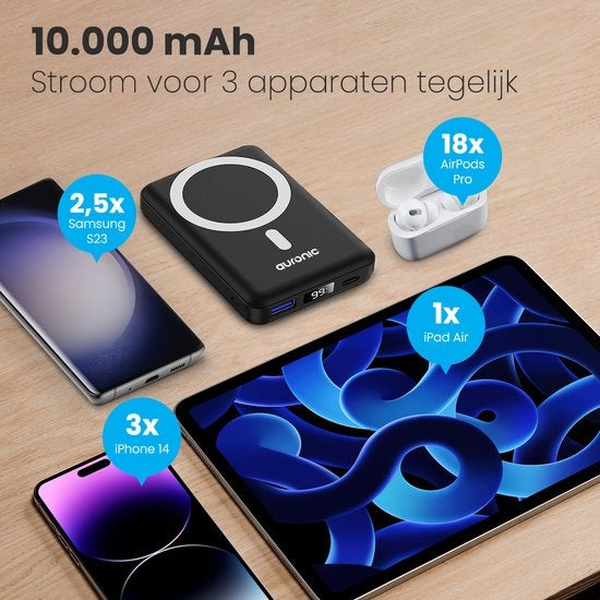 Auronic Powerbank - 10.000 mAh - 22,5W - iPhone 12/13/14/15 Schnellladegerät - Magnetisches und drahtloses Laden - Schwarz