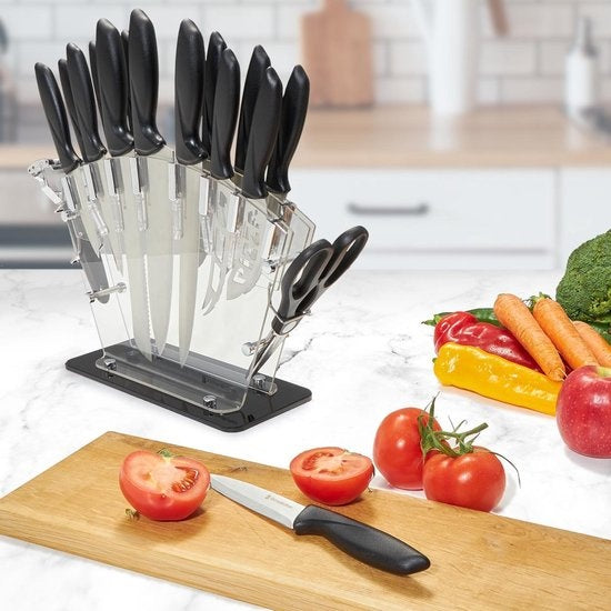 KitchenBrothers Messerset - Messerblock - 17-teilig - mit Küchenschere und Messerschärfer - rostfreier Stahl/Schwarz