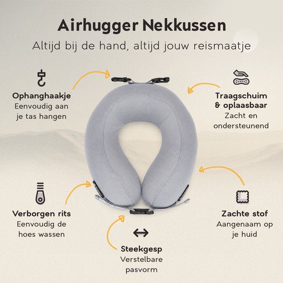 TRAVARA Nackenkissen „The Airhugger“ – Reisekissen – Für das Flugzeug – Autokissen – Memory-Schaum – Kombination aus aufblasbarem Material und Memory-Schaum – Hellgrau
