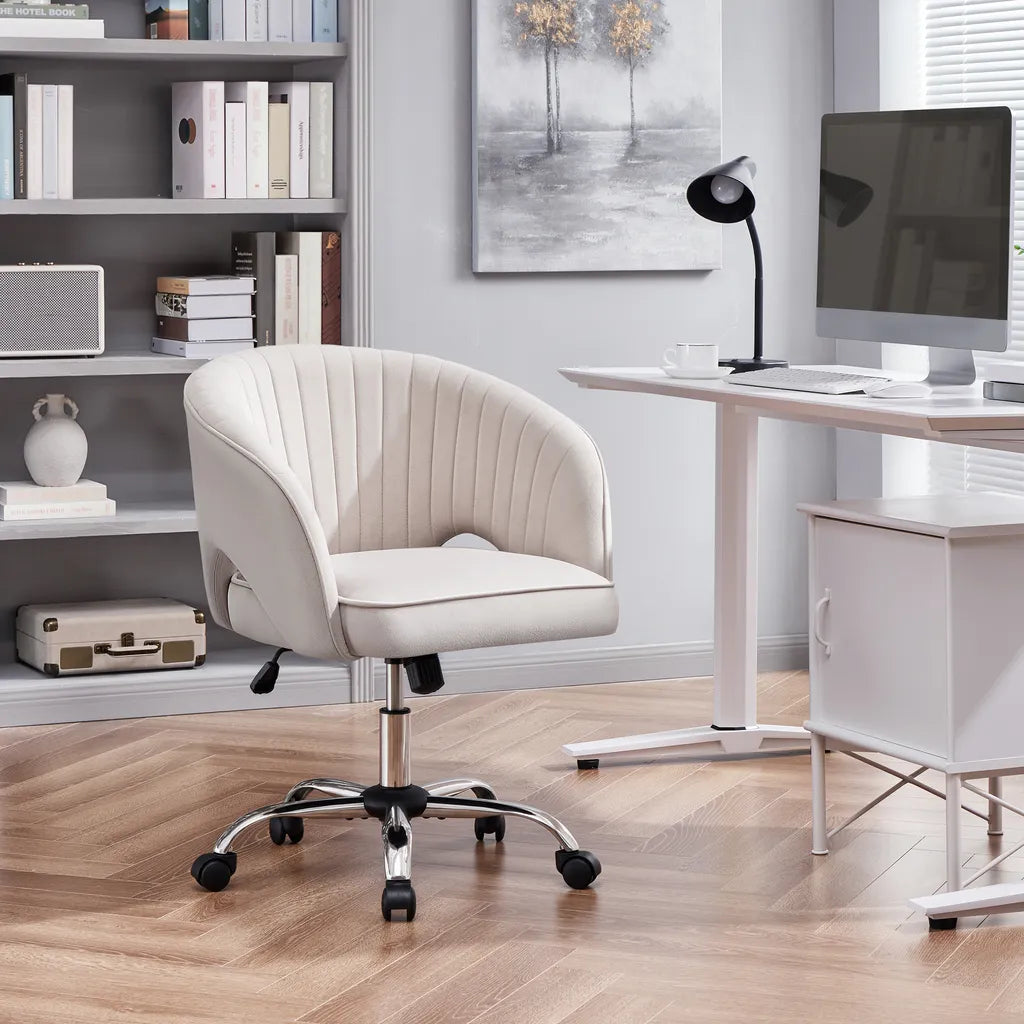 Yaheetech Samt-Bürostuhl mit Armlehnen und Rollen – Beige – 60 x 56,5 x 73–83 cm