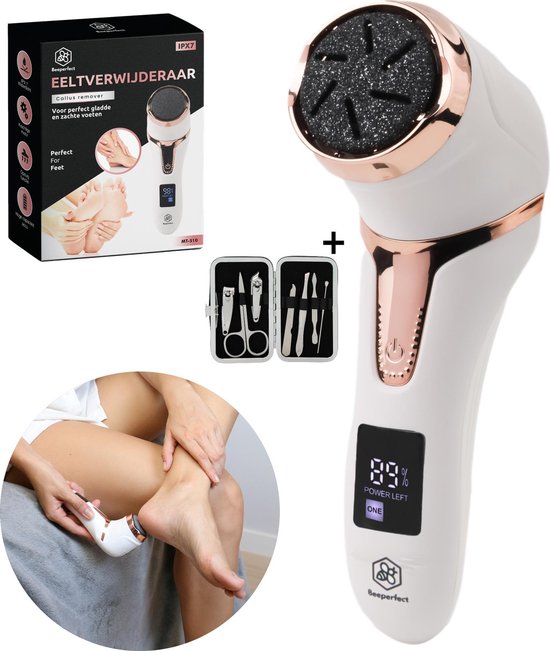Beeperfect® Elektrischer Hornhautentferner mit Vakuumsystem - Fußfeile - Hornhautfeile - IPX7 Wasserdicht - Inklusive 6 Hornhautscheiben - Kostenloses Pediküreset