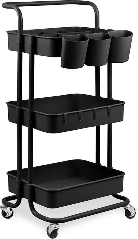 Goliving Küchenwagen auf Rädern - Servierwagen - Küchenwagen - Mit Haken und Tabletts - Mobil und feststehend - 3 Ebenen - Schwarz