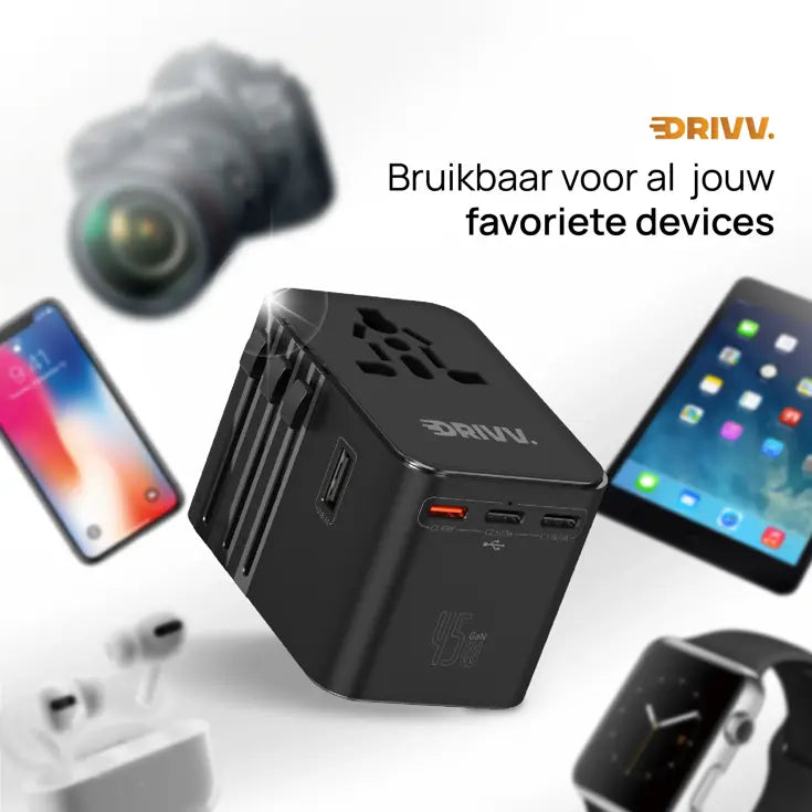 Drivv. Universeller USB-C-Reiseadapter mit 45 W – für über 180 Länder – 3x USB-C & 2x USB-A – kompakter Reiseadapter