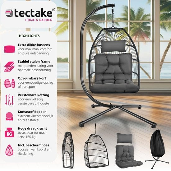 tectake - Luxuriöser Hängesessel - klappbarer und drehbarer Eiersessel mit Ständer - dicke Kissen - rutschfeste Füße - Schutzhülle inklusive. Ideal für Garten, Terrasse, Schlafzimmer - dunkelgrau
