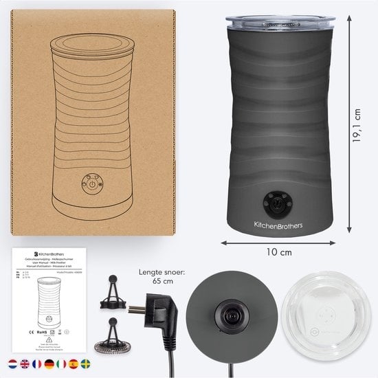 KitchenBrothers Elektrischer Milchaufschäumer - 4-in-1 - 240 ML - Praktischer Milchaufschäumer - Anthrazit