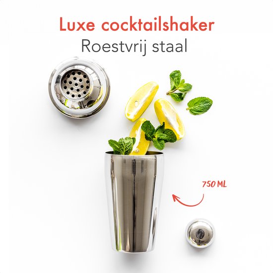 KitchenBrothers Cocktail Set - 25 Stück - Deluxe Set - Cocktail Shaker (750ml) - Dunkelbraun/Bambus - Mit Rezeptheft - Geschenkverpackung