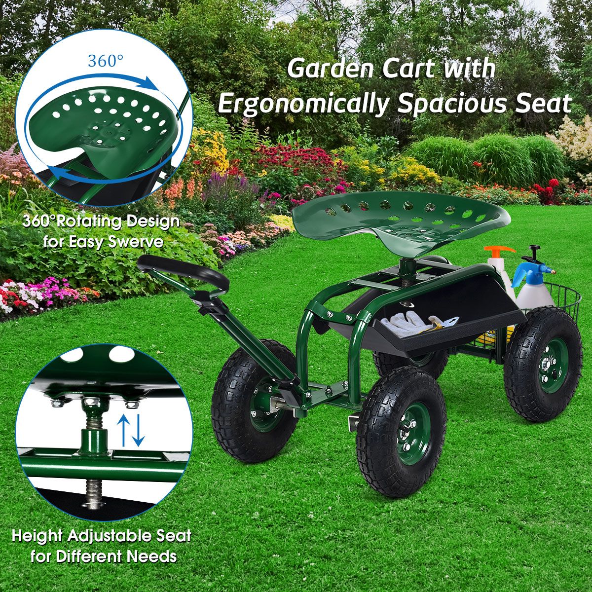 Coast Gartenwagen mit verstellbarem Griff – ergonomischer Sitz – Ablagekorb und Werkzeugkästen – grün