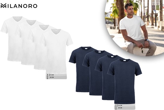 Milanoro - 4er-Pack extra lange Baumwoll-T-Shirts - Weiß - V-Ausschnitt - S