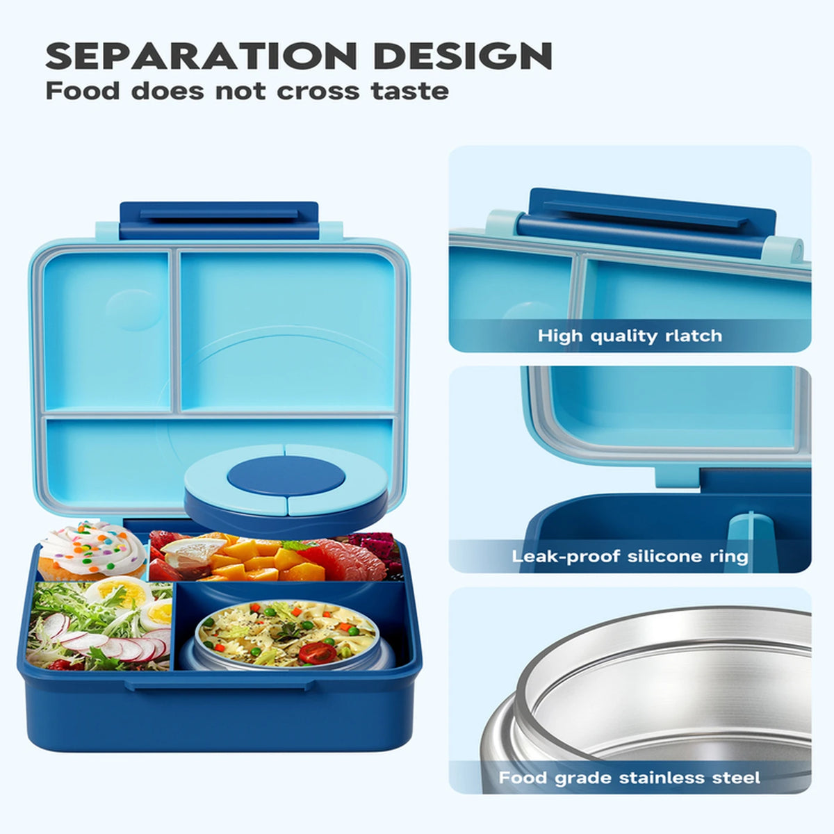 Meoky Lunchbox mit Fächern – Einfacher Verschluss – 54 oz – Blau
