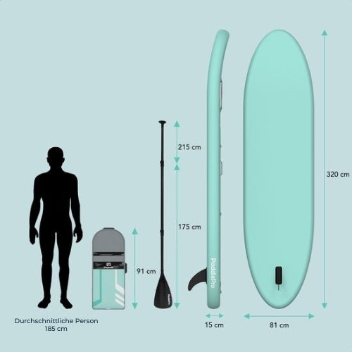 LifeGoods SUP Board - Deluxe Set - Mit Sitz - Aufblasbares Paddle Board - Max. 135KG - 320x81cm - Mintgrün