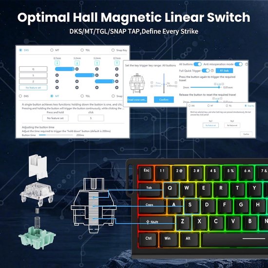 Mide68 – 65 % kabelgebundene Gaming-Tastatur – RGB-beleuchtete Tastatur – Mechanische Tastatur mit Hall-Effekt-Rapid-Trigger-Schaltern – Hot-Swap – 8 kHz – 0,01 mm Reaktionszeit – 0,125 ms – Seitlich bedruckte Tasten – 68 Tasten – Bestes Preis-Leistungs-V