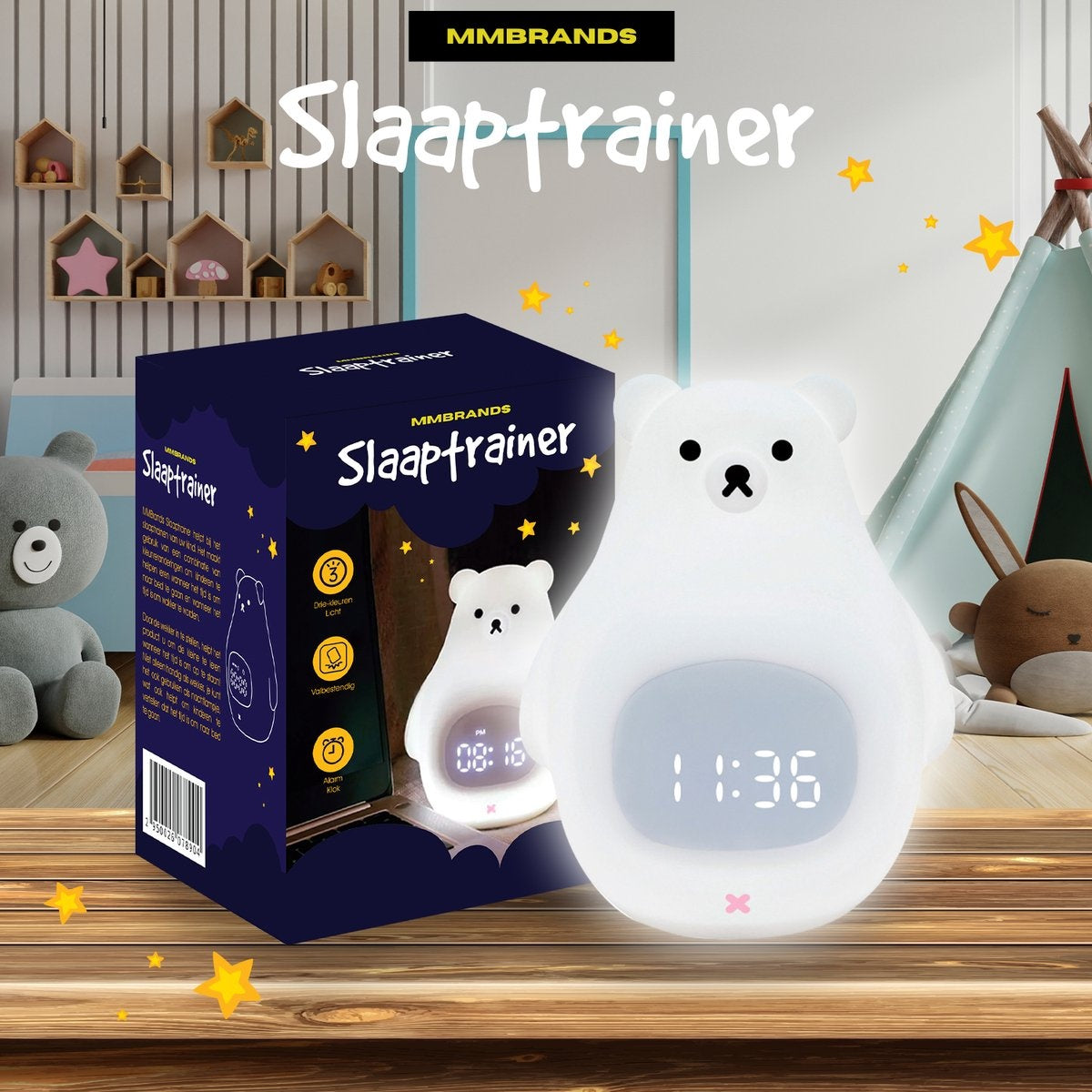 MM Brands Sleep Trainer - Kinderwecker - Nachtlicht - Uhrzeit & Temperatur - 7 Lichtfarben - Bär